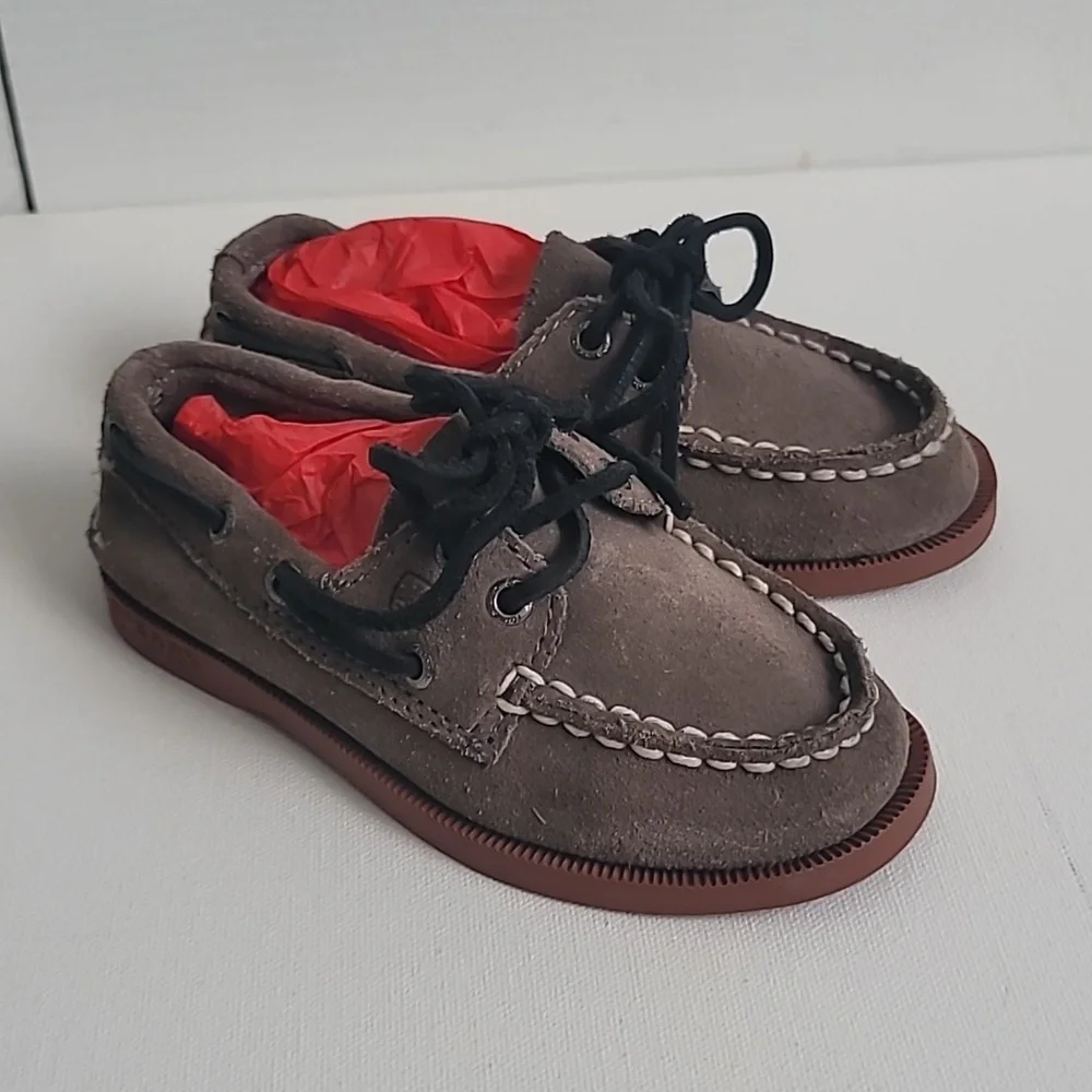 Sperry Grey Brown Leather Loafers Boys Sz 8